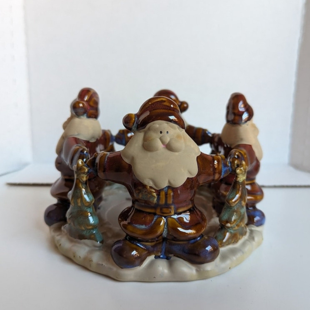 Vintage folk style Santas and Christmas trees candle holder, Santa candle holder